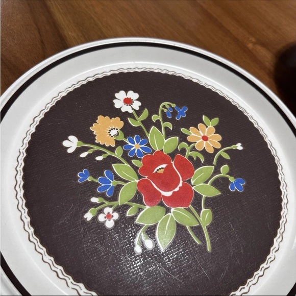 Vintage 1970s Mikasa Int’l Brown Denim Floral 11” Plate And Bowl SET E4803 - Picture 4 of 8